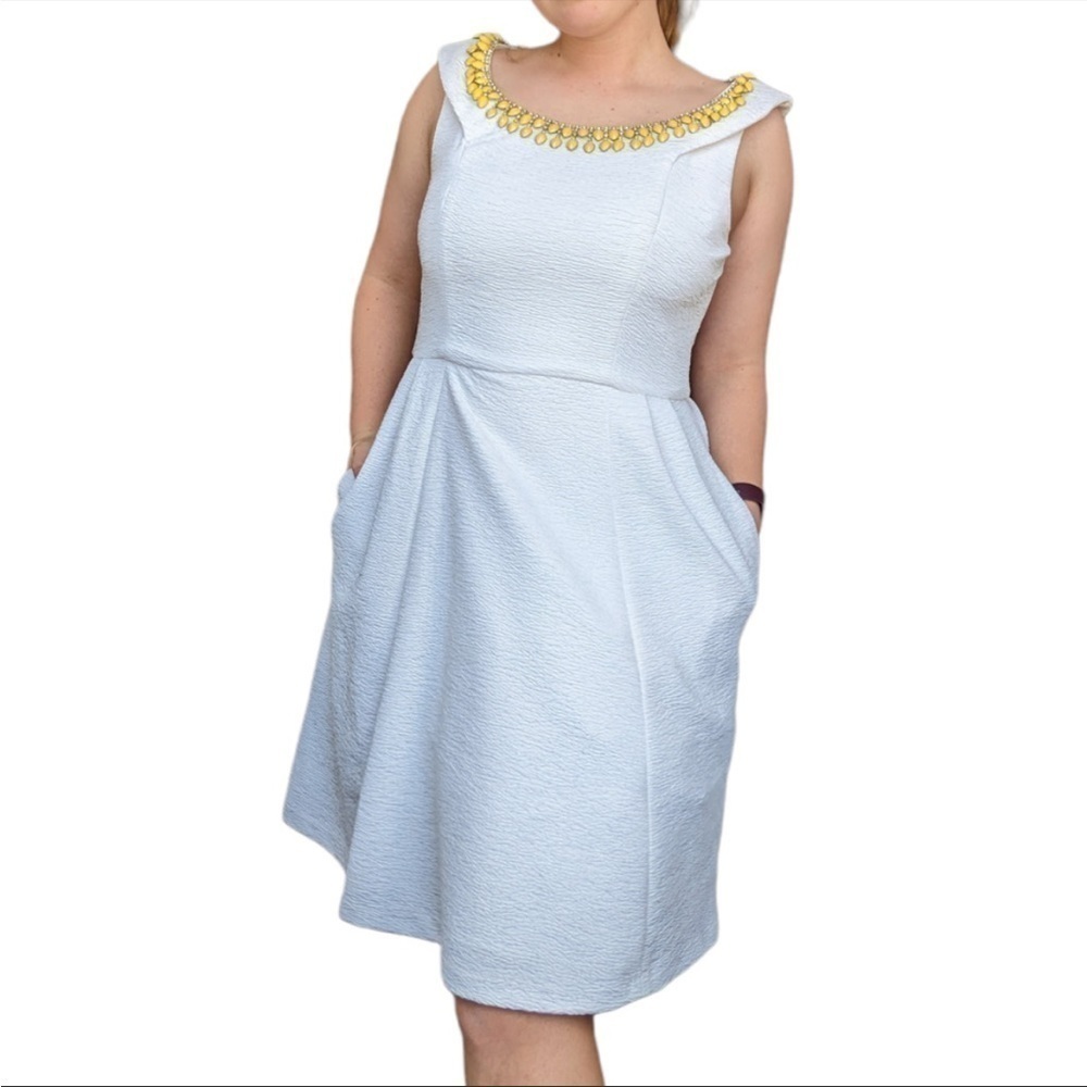 Betsy Johnson Jeweled Neckline Fit and Flare Dress
White Yellow Embellished 10